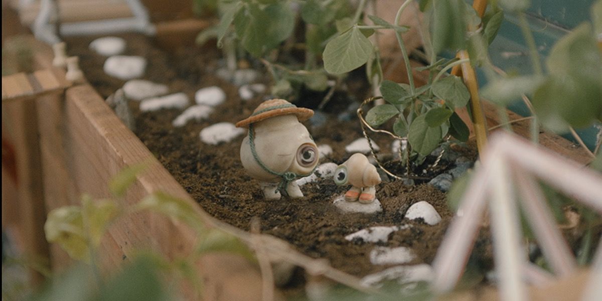 Marcel, the Shell with Shoes On, stands with his Nana Connie in their garden.