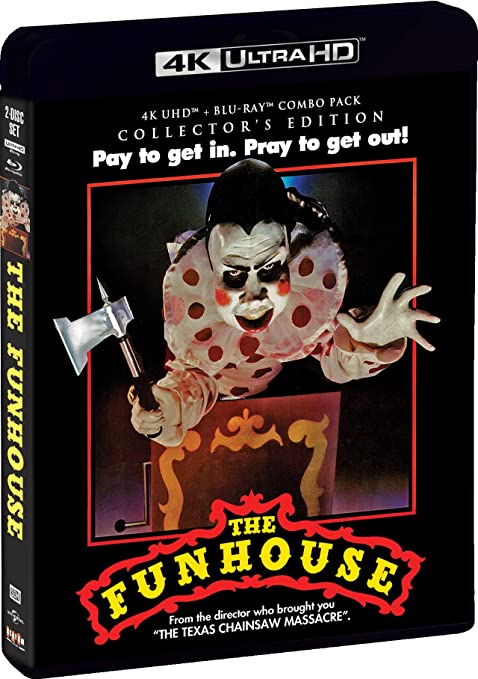 A clown wields a hatchet as it pops out of a jack-in-the-box in the cover art for Shout Factory's 4K release of THE FUNHOUSE.