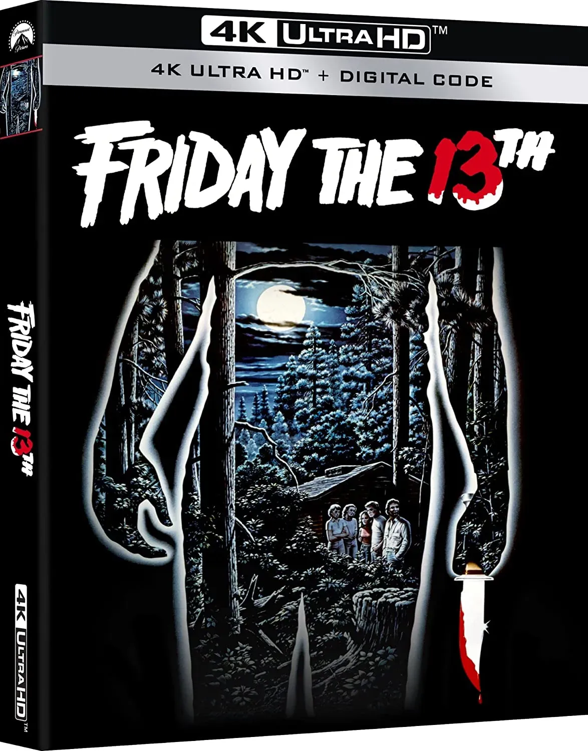 A group of camp counsellors stand outside a cabin on a moonlit night, framed within the silhouette of a killer, in the cover art for Paramount's 4K release of FRIDAY THE 13th.