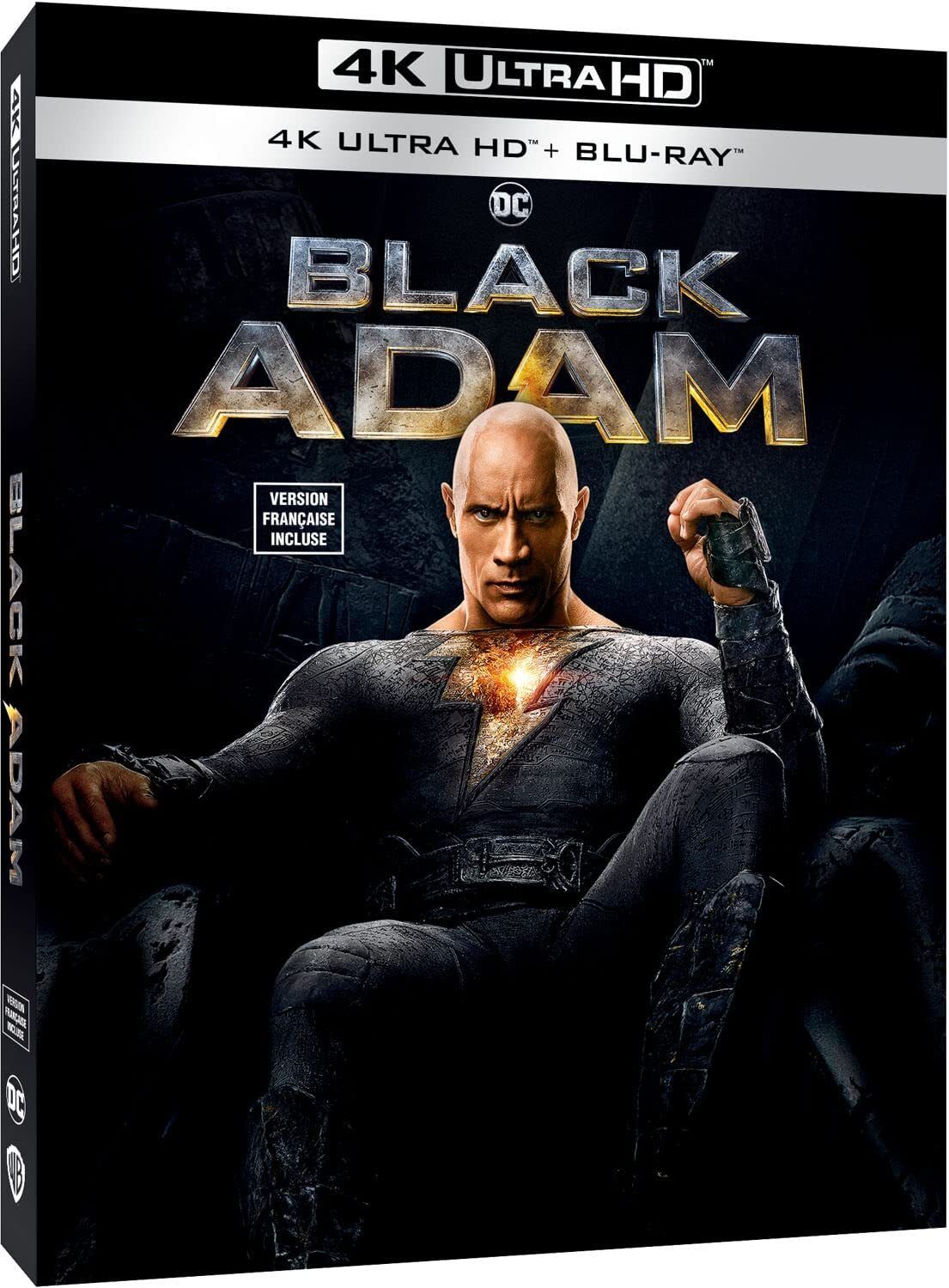 In a black costume, Dwayne Johnson sits on a black throne against a black background on the cover art for Warner's 4K edition of BLACK ADAM. Which comes in a black case.