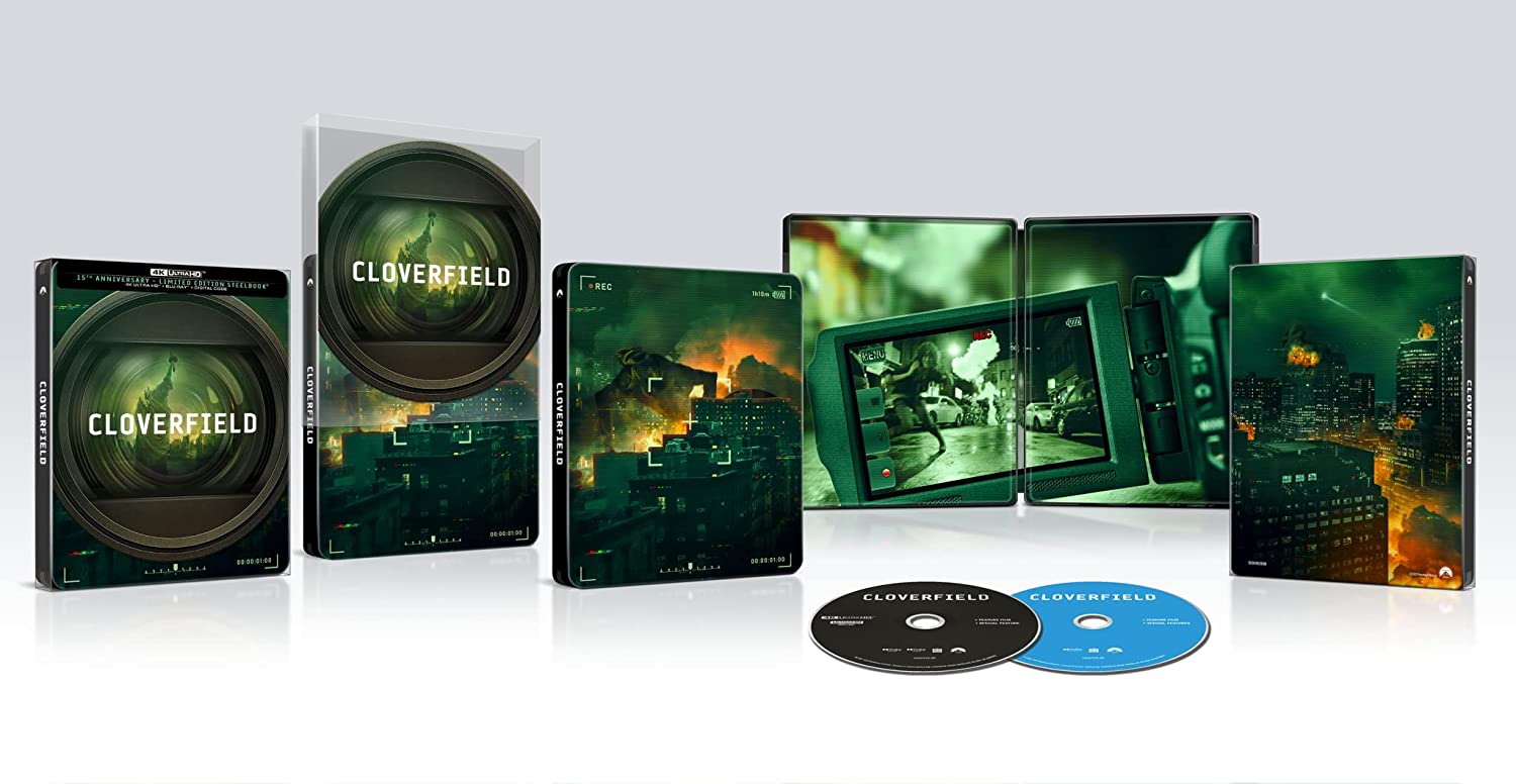 A product shot of Paramount's CLOVERFIELD steelbook, and its spectacular diptych art of a devastated Manhattan.