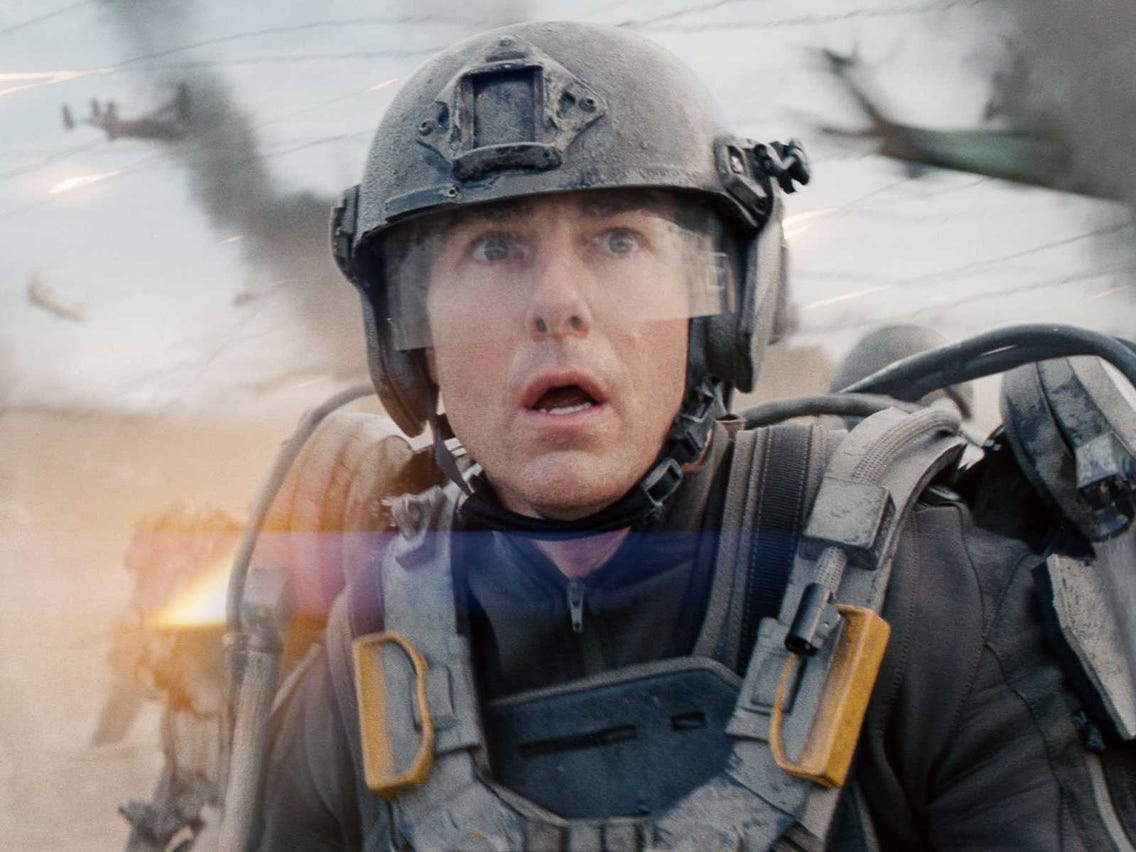 Tom Cruise as Bill Cage in EDGE OF TOMORROW, wearing the cumbersome exo-suit that provides no protection at all.