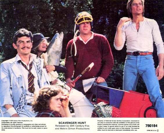 A lobby card for the 1979 movie Scavenger Hunt, featuring an assortment of '70s actors looking haggard.